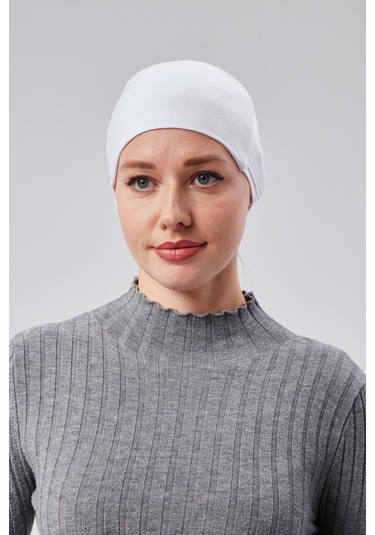 Kadın Tesettür Likralı Penye Dikişsiz Kaymaz Düz Bağlamalı Bone Beyaz