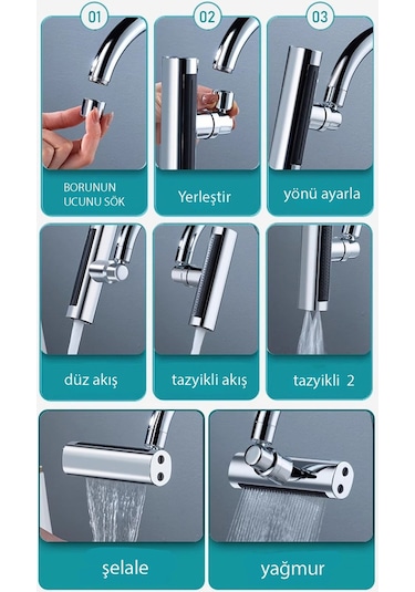 Kustar Krom Tasarruflu 4 Modlu Şelale Ayarlanabilir Musluk Başlığı Mutfak Eviye Bataryası Lavabo Bataryası