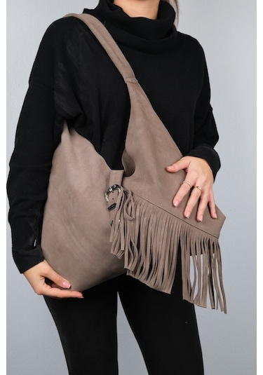 Rosalın Kum Hakiki Deri Süet Püsküllü Kadın Omuz Çantası Kum Beji