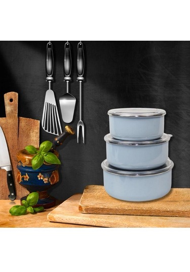 Mary 3'lü Emaye Saklama Kabı Gökyüzü Mavisi 14cm-16cm-18cm