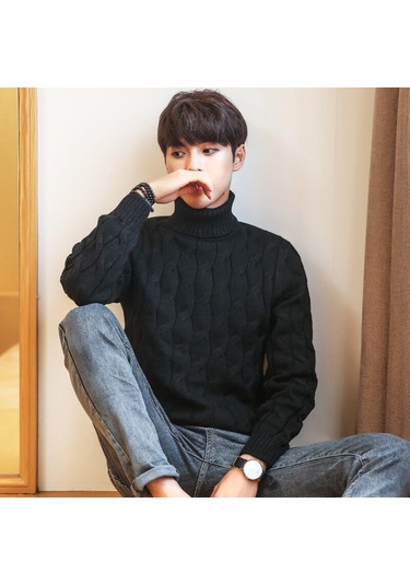 Balıkçı Yaka Bükülmüş Erkek Kazak Siyah