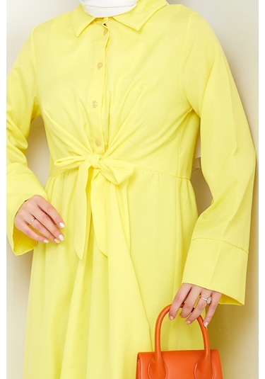 Renda Belden Bağlamalı Elbise 1467 - Sarı Sarı