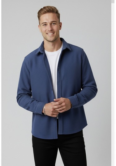 Deepsea Erkek Mavi Kadife Fitilli Rahat Kesim Gömlek Yumuşak Dokulu Likralı Kadife Gömlek 2600758 Mavi