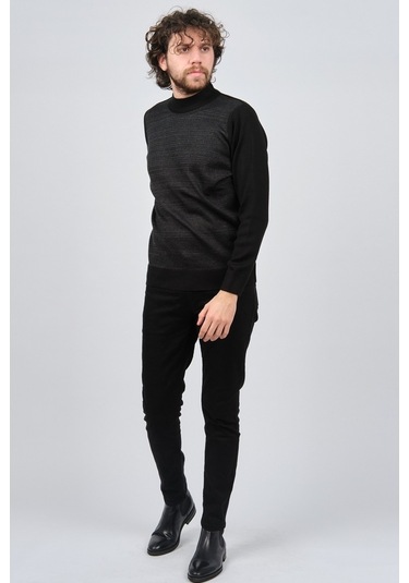 Çizgi Triko Erkek Yarım Balıkçı Yaka Desenli Kazak 42564225 Siyah Siyah