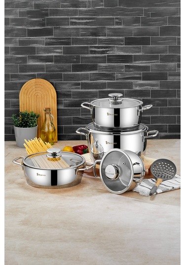 Polochef Vistal 18/10 Paslanmaz Çelik 8 Parça Derin Ve Pilav Tencere Seti 16-20-24 Cm-24cm Gümüş