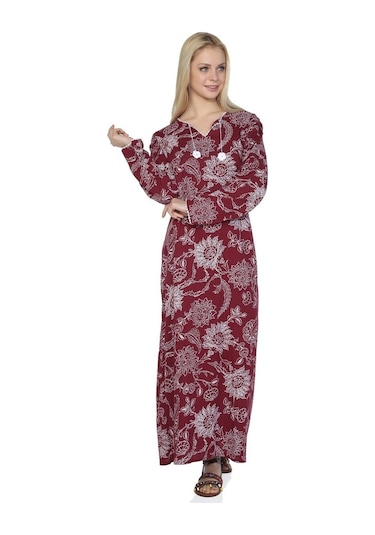 Uzun Kol Şile Bezi Baskılı Uzun Elbise Çınar Desen Bordo