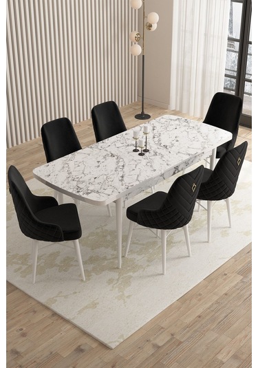 Mazaka Beyaz Mermer 80x132açılabilir Mdf Masa Yemek Odası Takımı,mutfak Takımı 6 Adet Sandalye Siyah