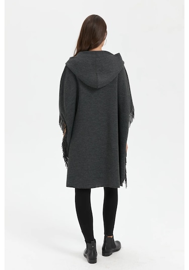 Desen Triko Kadın Kapüşonlu Omzu Çiçek İşlemeli Panço 24064 K.füme K.füme Koyu Füme