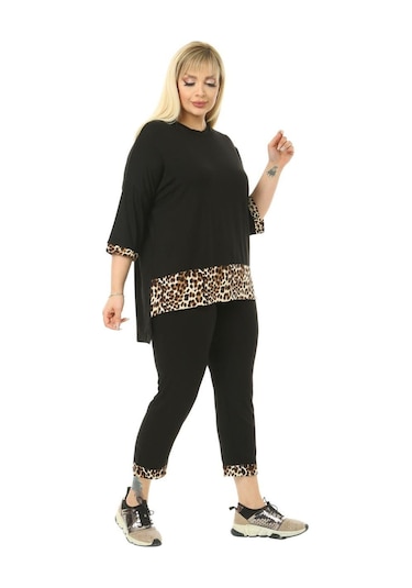 Melsay Butik Siyah Leopar Şeritli Büyük Beden Kadın Kapri Takımı Siyah