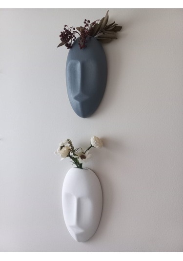 Dekoratif 2'li Yüz Duvar Vazosu, Duvar Süsü ,heykel Aksesuar Beyaz Gri