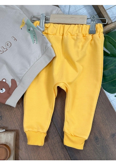 Baby Waka Zürafa&aslan Baskılı Kapüşonlu Erkek Bebek Alt Üst Takım Sari