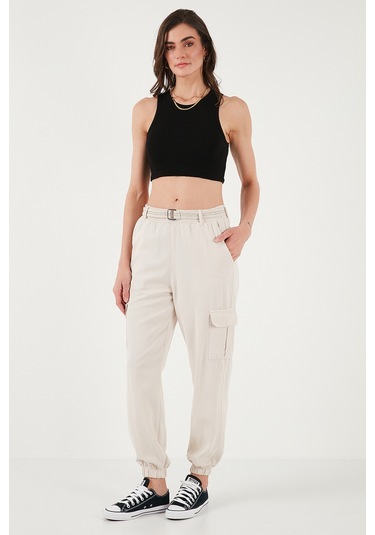 Lela Pamuklu Standart Fit Normal Bel Lastikli Paça Kemerli Jogger Bayan Pantolon 668Yp5045 Taş
