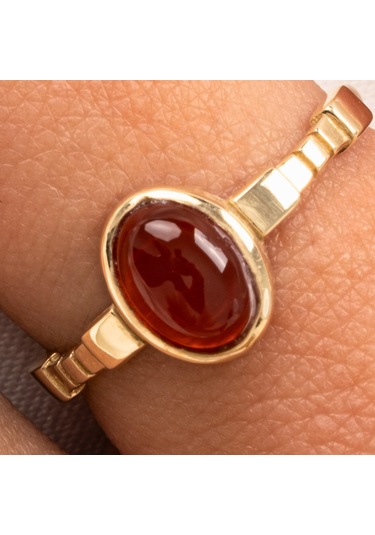 Gümüş Yüzük - Akik Taşlı Oval Kesim Boğumlu Tektaş Modern Tasarım 925 Ayar Gümüş Kadın Yüzük Sarı