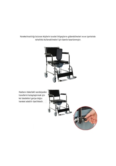 Medkimsan Kapaklı Ev Tipi Tekerlekli Sandalye | Banyo Tuvalet Duş Wc Koridor Hasta Yaşlı Engelli Sandalyesi