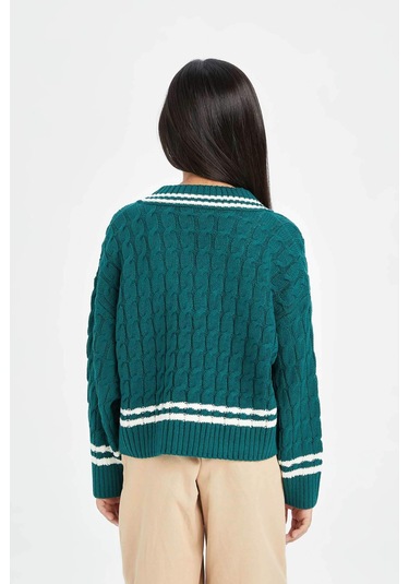 DeFacto Kız Çocuk V Yaka Saç Örgülü Triko Kazak D6760A8NSGN383 Yeşil