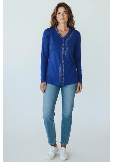 Kadın Önü Kapalı Düğme Detaylı Taşlı Nergis Mevsimlik Bluz Mavi