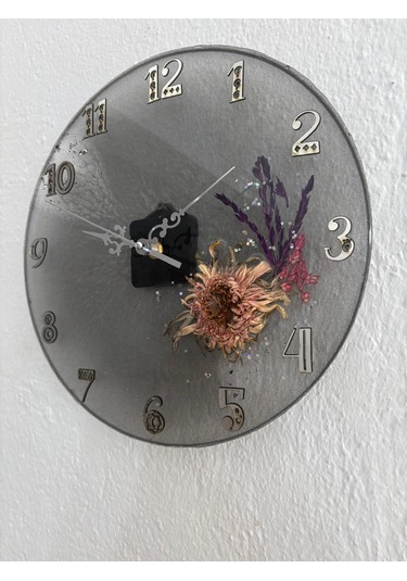 Ayçiçeği Temalı Şeffaf Siyah Epoksi Duvar Saati Özel Tasarım - Tek Üretim - 30 Cm Siyah