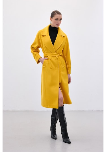 Sateen Beli Bağlamalı Uzun Kaban - Sarı-136632 Sarı