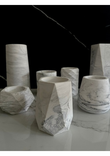 Beton Vazo El Yapımı Kalem Kutusu Dekoratif Diş Fırçalık Ev Aksesuarı Beyaz