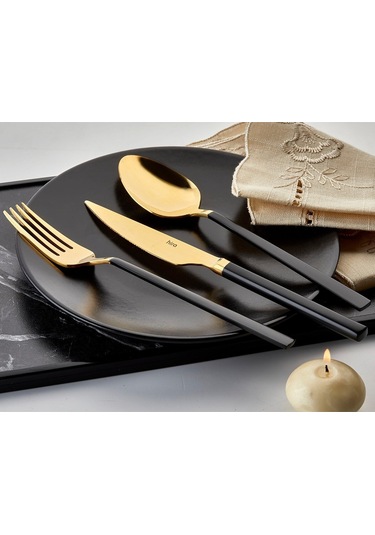 Hira Emotion Çubuk Gold Siyah Sedefli 36 Parça Kaşık Çatal Bıçak Altın - Siyah