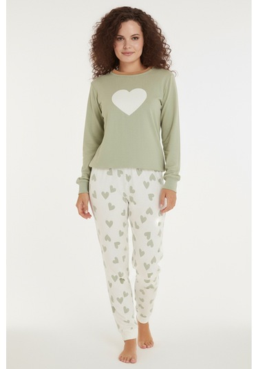 Luxury Thermal Büyük Kalp Desenli Kadın Polar Kışlık Pijama Takımı 42047 Haki