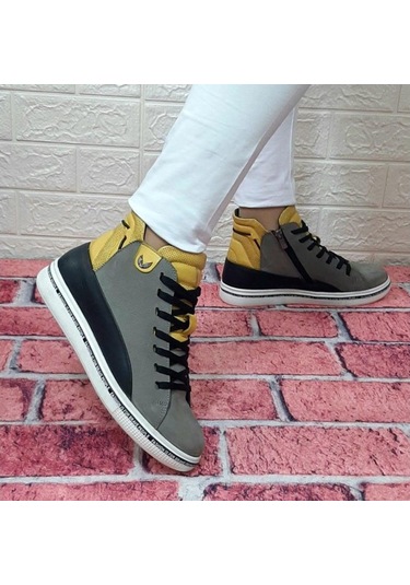 Voyager 8498 Gri-Sarı Hakiki Deri Kaymaz Taban Fermuarlı Bağcıklı