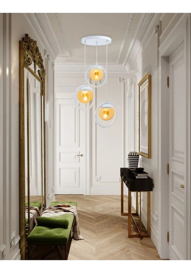 Halka 3 Lu Tepsi Glop Bal Rengi Camlı Beyaz Avize. Salon, Mutfak, Beyaz