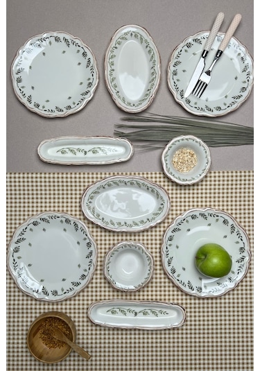 Tabak Evi Stoneware Flower Green Kahvaltı Takımı 6 Kişilik 14 Prç Beyaz - Yeşil