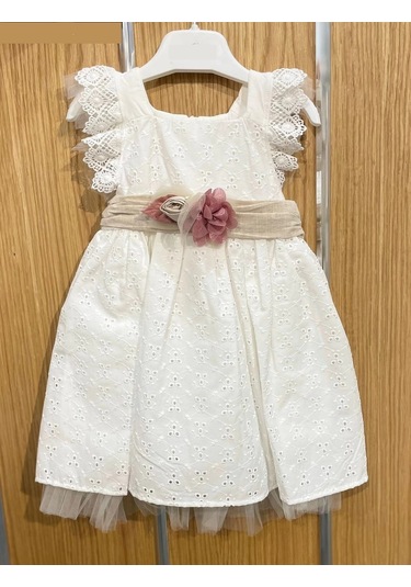 Yazlık Keten Kemerli Çiçek Aksesuarlı Bebe Kız Elbise Ekru