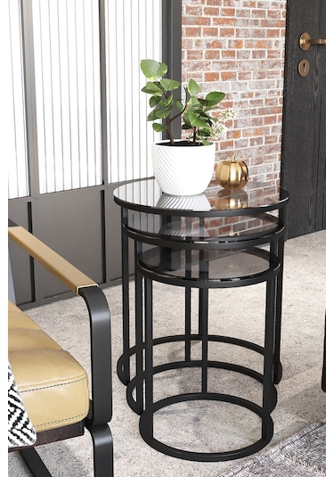 Dekoport Milas C Zigon Sehpa Temperli Füme Cam Siyah