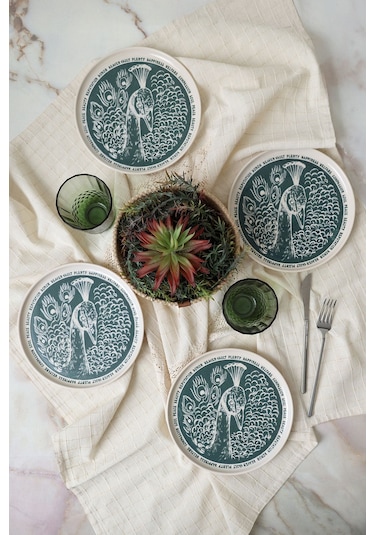 Keramika Tavus Kuşu Nordıc Pasta Tabağı 22 Cm 4 Adet 23137 Yeşil