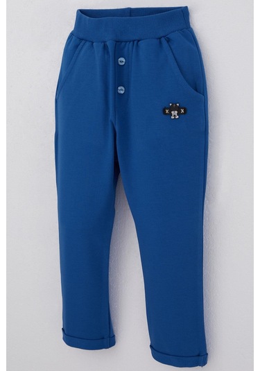 Breeze Erkek Bebek Eşofman Altı Ayıcık Armalı Düğme Aksesuarlı 9 Ay-3 Yaş, Saks Mavisi Saks Mavisi