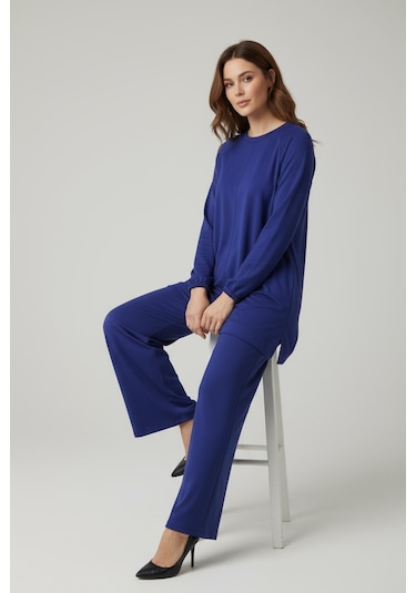 Kadın Tunik Önü Dikişli Altı Bantlı Pantolonun Beli Lastikli Önü Dikişli İkili Takım Mavi