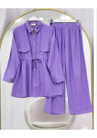 Lovie Moda Kapak Taşlı Jakar Pantolonlu İkili Takım Mor