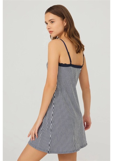 Cottonhill Lacivert Beyaz Çizgili İnce Askılı Pamuklu Kadın Gecelik Çizgili Lacivert