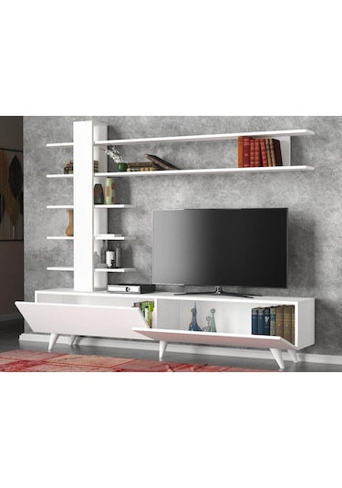 Dekorister Aleyna Duvar Raflı Kitaplıklı Tv Ünitesi Beyaz