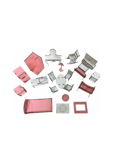 Ahşap Oyun Evi 80Cm 21 Eşya Pembe