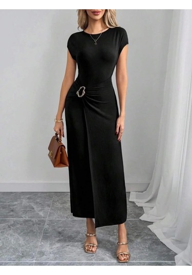 Kadın Yarım Ay Kollu Yuvarlak Yaka Önünde Toka Detaylı Modal Maxi Elbise Siyah