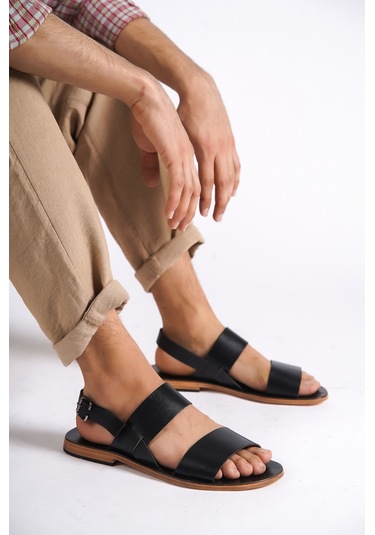 Sur Sandalet El Yapımı Kösele Erkek Deri Bodrum Sandalet Siyah