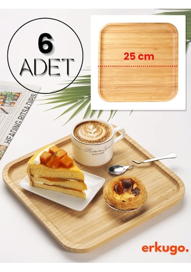 6 Adet Bambu Kare Servis Tabağı, Sunum Seti 25x25 Cm Bambu