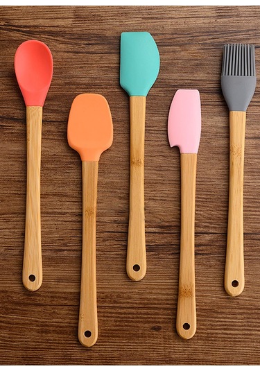 5 Parça Silikon Mini Spatula 21cm Seti Bambu Saplı Isıya Dayanıkl