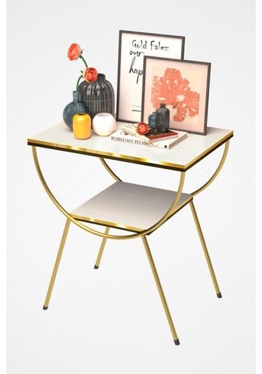 Yan Sehpa Komodin Metal Ayak Çift Gold Beyaz 1975 Beyaz