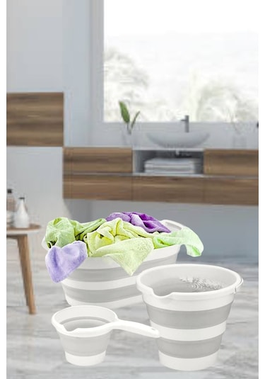 Vera Bath 3'lü Katlanır Multi Set Sepet-kova-maşrapa Beyaz - Gri