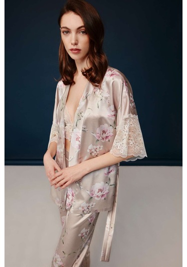 Bonnie&Clyde - Kadın Baskılı Saten 3 lü Takımı -5243 Pudra