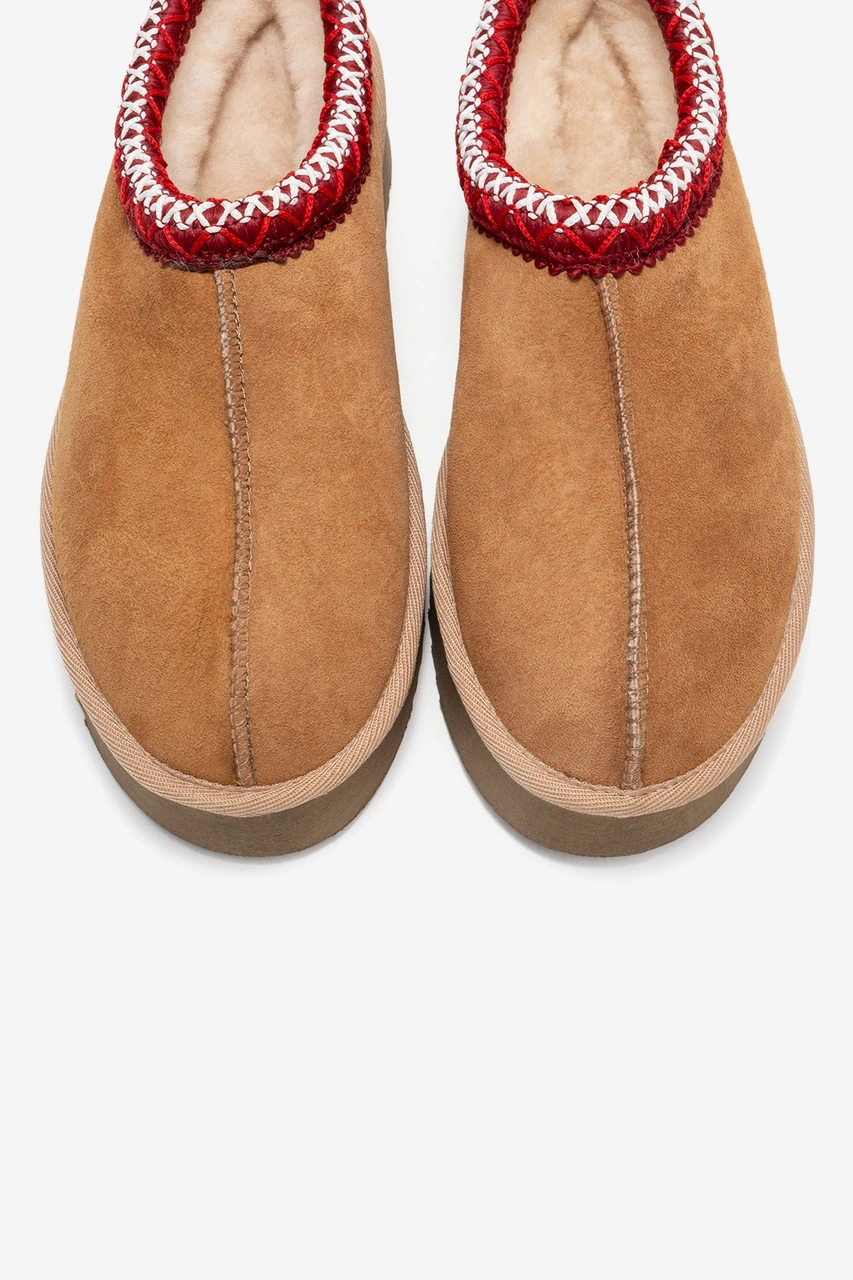 Avelıa Taba Süet Hakiki Deri Dikişli Kadın Kalın Tabanlı Kışlık Terlik Taba