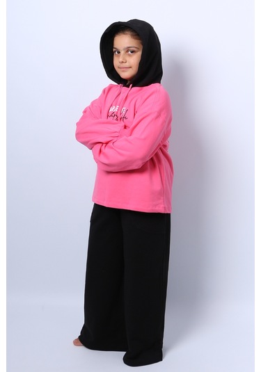 Kız Çocuk Kapşonlu Eşofman Takımı Baskılı İspanyol Paça C36 Pembe