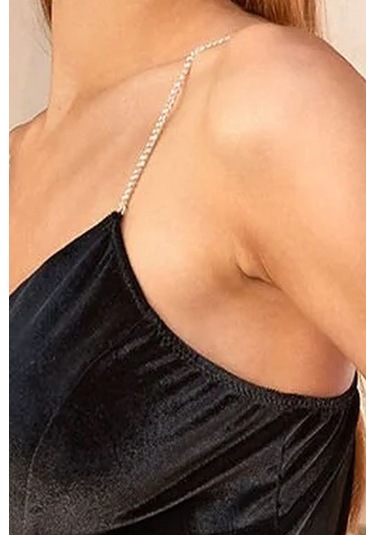 Cossy By Aqua 25033 Kadın Kadife Taş Askılı Yırtmaçlı Kruvaze Yaka Gecelik-siyah Siyah