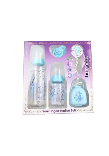 Hanymis Mavi 5li Cam Biberon Emzik Seti Hediye Set Mavi