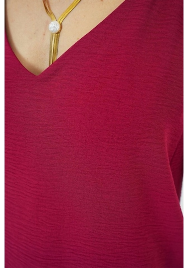 Defymoda V Yaka Sıfır Kol Bluz 950 - Bordo Bordo