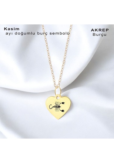 Archin Akrep Burçlarına Kalp Motifli Zincirli 14 Ayar Altın Plakalı Hediyelik Kolye-352burç Akrep